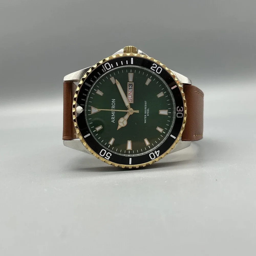 Armitron 20/5483TT Mens Watch 42mm Green Dial Brown Leather Day Date New Battery